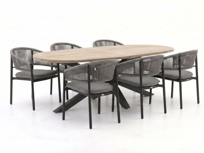 Bellagio tuinmeubelen Panaro/ROUGH-Y Ellips 240cm dining tuinset 7-delig stapelbaar – Grijs