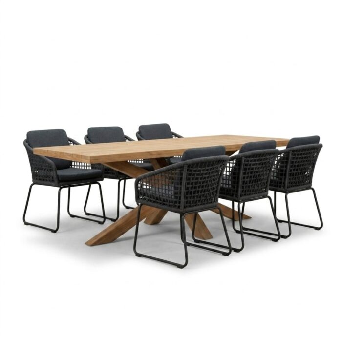 BUITEN living Napoli/Tulum Lava Grey dining tuinset | 6 personen | teakhout + touw | 250cm – Natural Teak