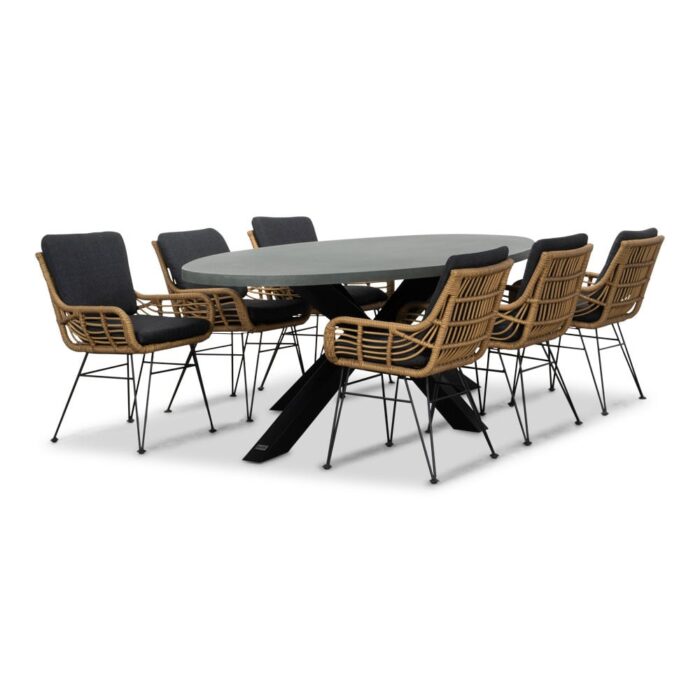 BUITEN living Stockholm/Carlos antraciet dining tuinset | 6 personen | betonlook + wicker | 240cm ovaal
