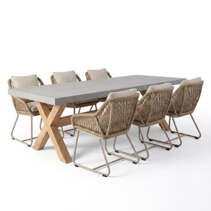 BUITEN living Norwich/Portofino Sandstone dining tuinset | 6 personen | polystone + touw | 250cm – Taupe – Naturel – Bruin, Beige