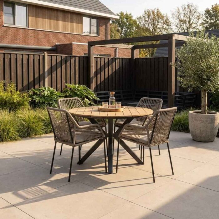 LUX outdoor living Cervo/Seville zand dining tuinset | 4 personen | polywood+ touw | 120cm – Taupe – Naturel – Bruin, Light Teak