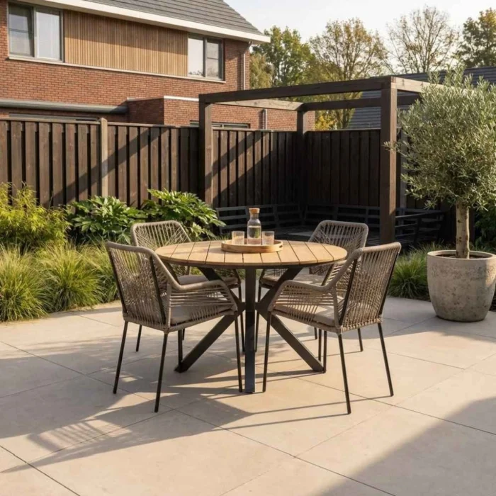 LUX outdoor living Cervo/Seville zand dining tuinset | 4 personen | polywood+ touw | 120cm - Taupe - Naturel - Bruin, Light Teak