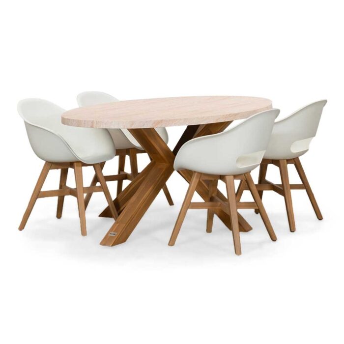 BUITEN living Lorento/Karlstad wit dining tuinset | 4 personen | travertin + hardhout | 200cm