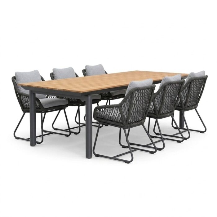 LUX outdoor living Montana/Portofino Stone Grey dining tuinset | 6 personen | aluminium + touw | 240x100cm – Natural Teak