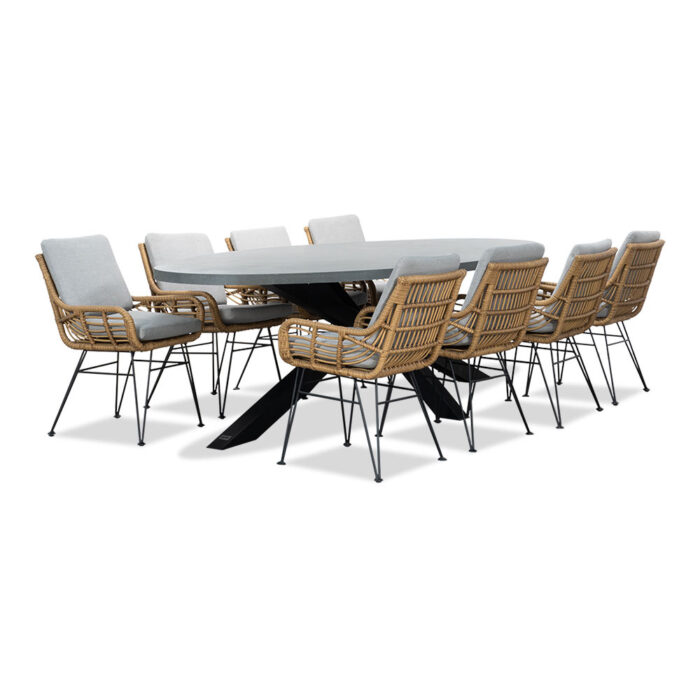 BUITEN living Stockholm/Carlos taupe dining tuinset | 8 personen | betonlook + wicker | 280cm ovaal – Zwart