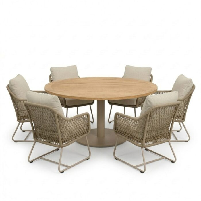 LUX outdoor living Ventura beige/Gianna Sandstone low dining tuinset | 6 personen | teakhout + touw | 160cm rond