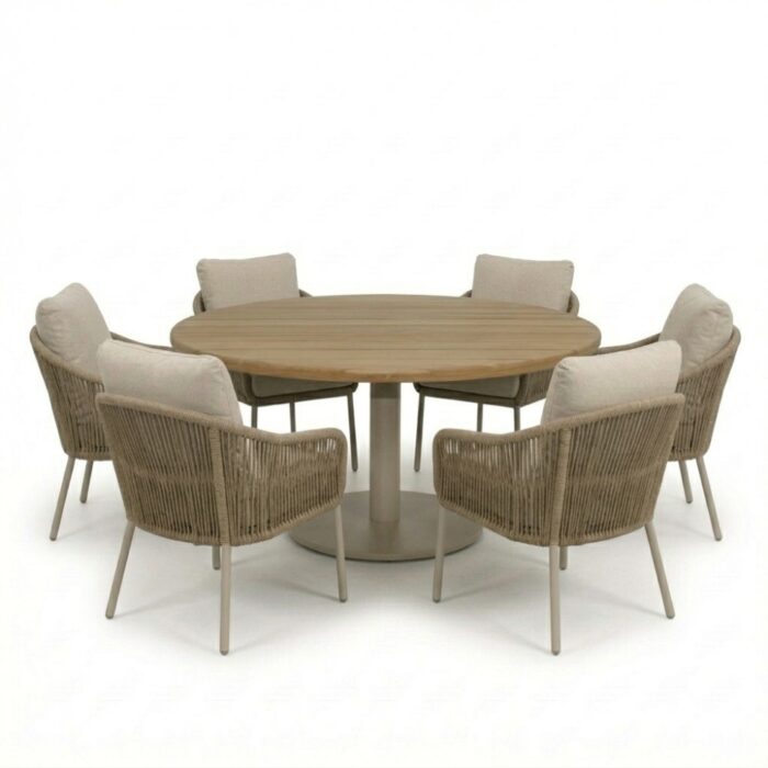 LUX outdoor living Salora beige/Mara Sandstone low dining tuinset | 6 personen | teakhout + touw | 150cm