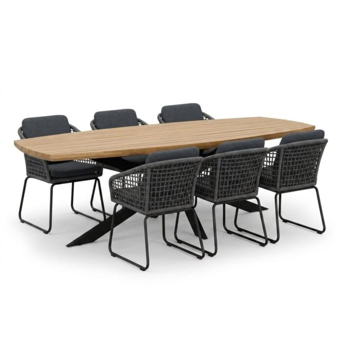 LUX outdoor living Salo/Tulum Lava Grey dining tuinset | 6 personen | hardhout + touw | 240cm Deens – Grijs