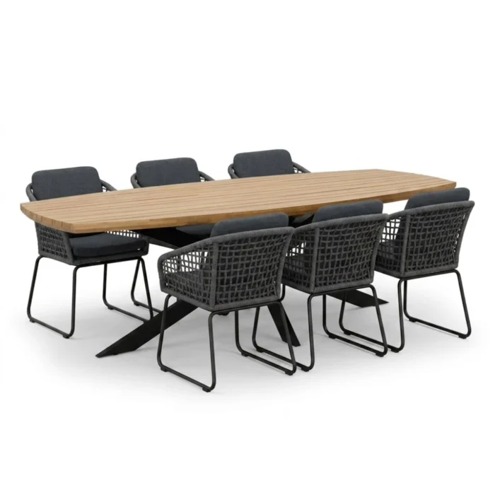 LUX outdoor living Salo/Tulum Lava Grey dining tuinset | 6 personen | hardhout + touw | 240cm Deens - Grijs