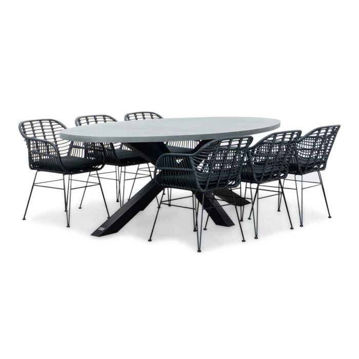 BUITEN living Stockholm/Napels dining tuinset | 6 personen | betonlook + wicker | 240cm ovaal – Zwart