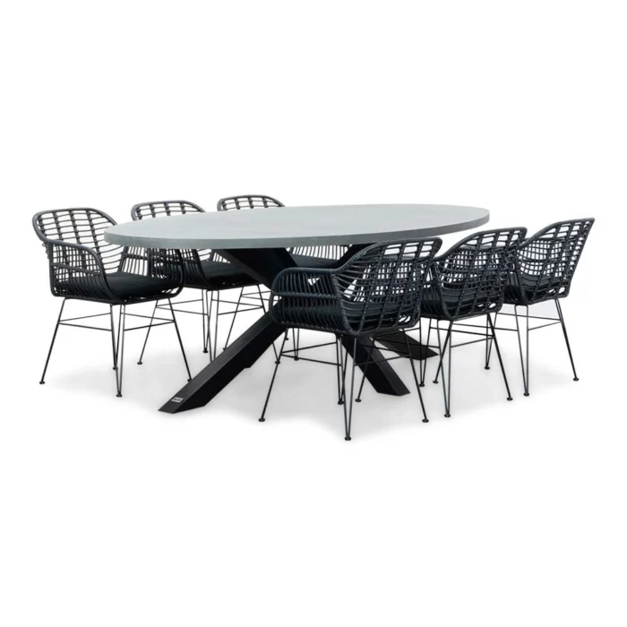 BUITEN living Stockholm/Napels dining tuinset | 6 personen | betonlook + wicker | 240cm ovaal - Zwart