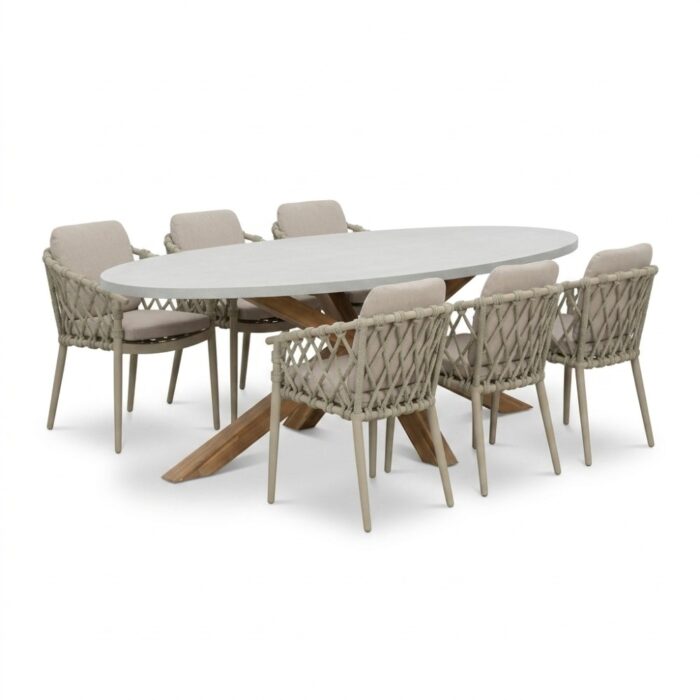 BUITEN living Livorno/Cleveland beige dining tuinset | 6 personen | polystone + aluminium | 240cm