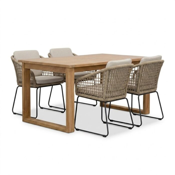 BUITEN living Corfu/Tulum Sahara Dust dining tuinset | 4 personen | teakhout + touw | 150cm – Natural Teak
