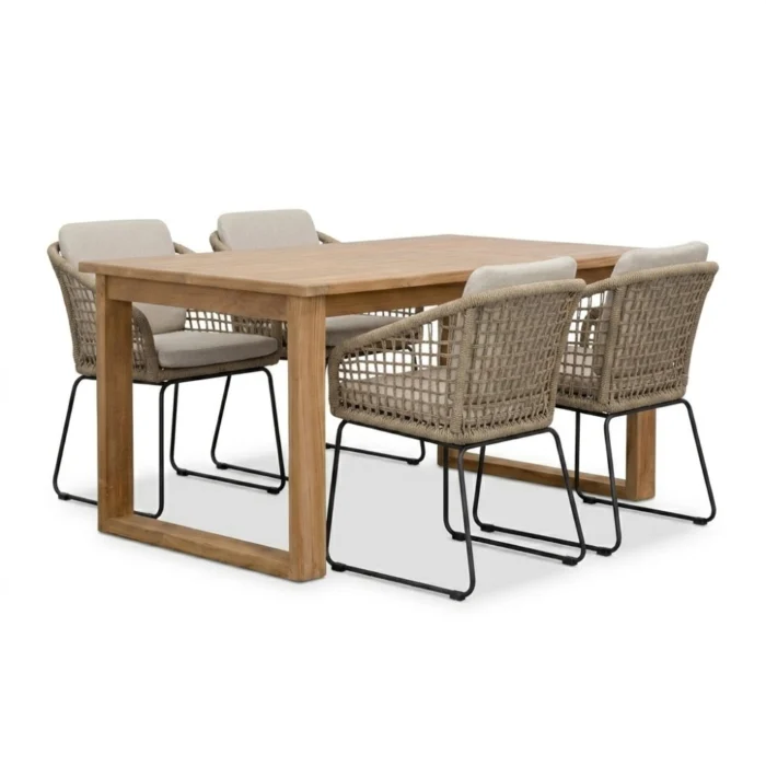 BUITEN living Corfu/Tulum Sahara Dust dining tuinset | 4 personen | teakhout + touw | 150cm - Natural Teak