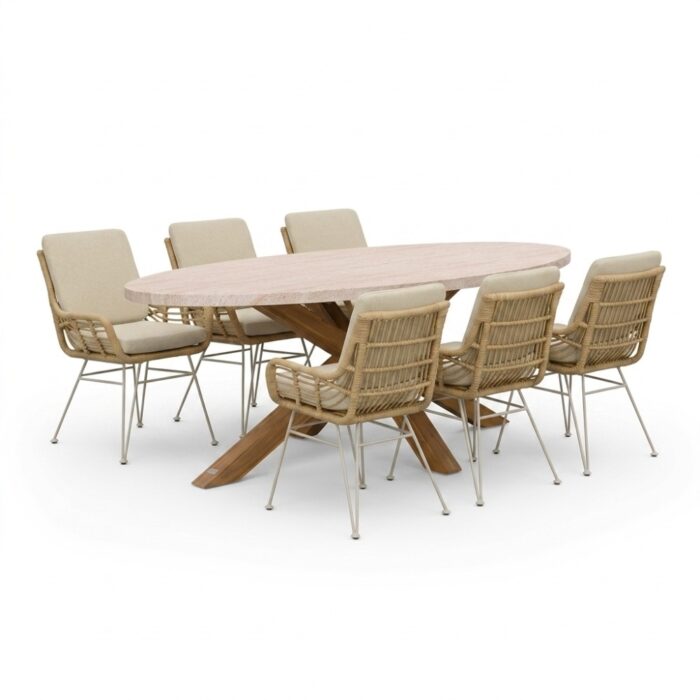 BUITEN living Lorento/Carlos beige dining tuinset | 6 personen | polystone + wicker | 240cm
