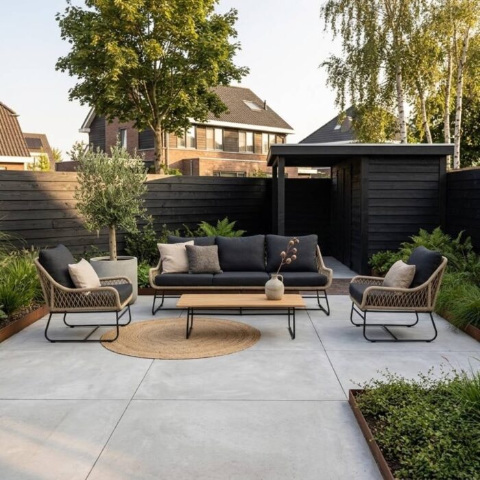 LUX outdoor living Portofino stoel-bank loungeset 5 personen | aluminium + teakhout | zand | 4-delig – Taupe – Naturel – Bruin