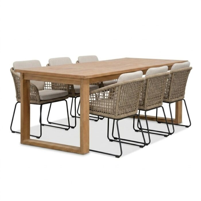 BUITEN living Corfu/Tulum Sahara Dust dining tuinset | 6 personen | teakhout + touw | 200cm – Natural Teak