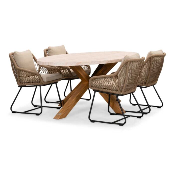 BUITEN living Lorento/Portofino Sahara Dust dining tuinset | 4 personen | travertin + touw | 200cm – Zand