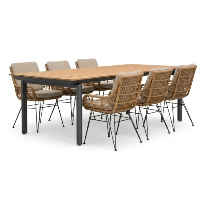 LUX outdoor living Montana/Carlos taupe dining tuinset | 6 personen | aluminium + wicker | 240x100cm - Natural Teak