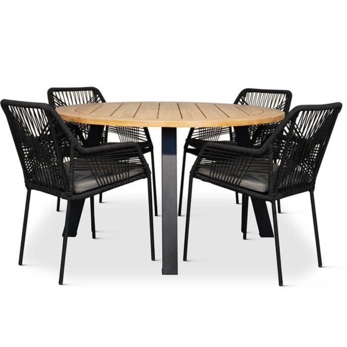 BUITEN living Cork/Seville zwart dining tuinset | 4 personen | hardhout + touw | 130cm – Antraciet