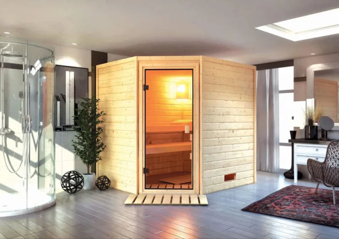 Karibu | Elea Sauna met Dakkraag | Kachel 9 kW Externe Bediening