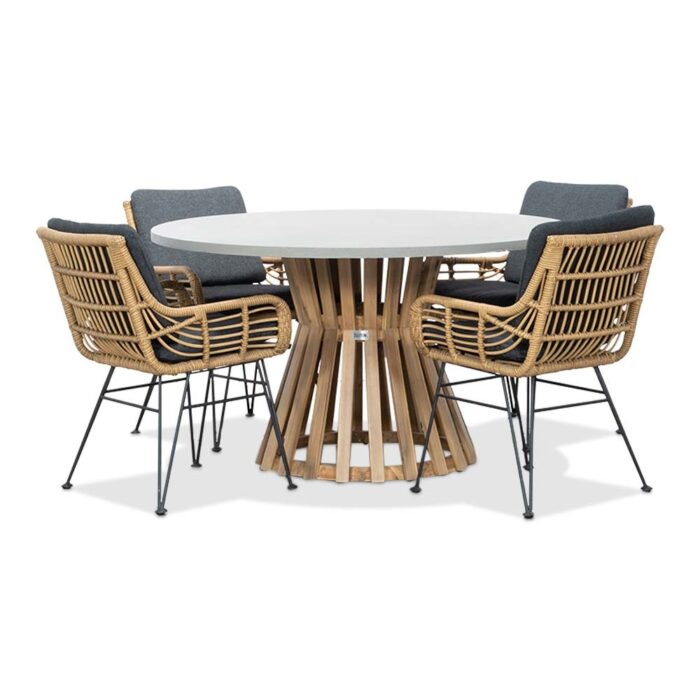 BUITEN living Elzas/Carlos antraciet dining tuinset | 4 personen | betonlook + hardhout | 135cm rond – Light Teak, Betonlook, Antraciet