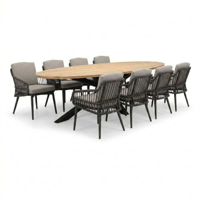LUX outdoor living Cleve antraciet/Alicante antraciet dining tuinset | 8 personen | teakhout + wicker | 280cm ovaal