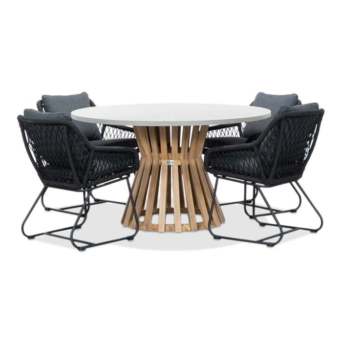 BUITEN living Elzas/Portofino zwart dining tuinset | 4 personen | betonlook + touw | 135cm rond – Light Teak, Betonlook, Zwart