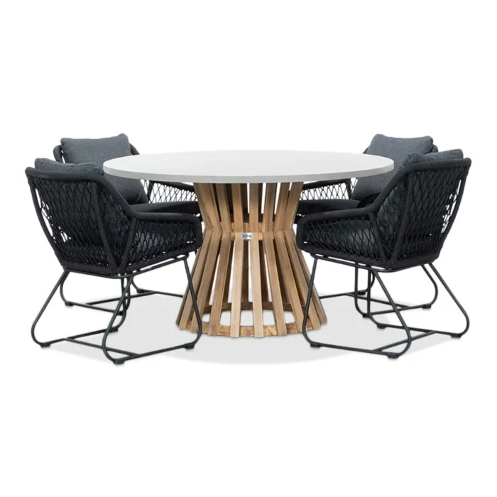 BUITEN living Elzas/Portofino zwart dining tuinset | 4 personen | betonlook + touw | 135cm rond - Light Teak, Betonlook, Zwart