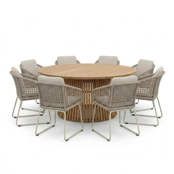 BUITEN living Palau/Tulum Almond Beige dining tuinset | 8 personen | teakhout + touw | 180cm