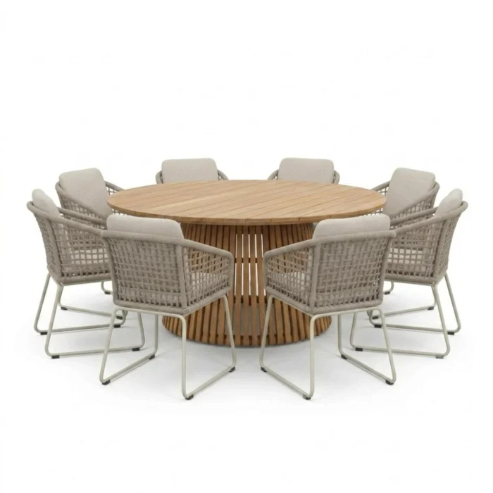 BUITEN living Palau/Tulum Almond Beige dining tuinset | 8 personen | teakhout + touw | 180cm