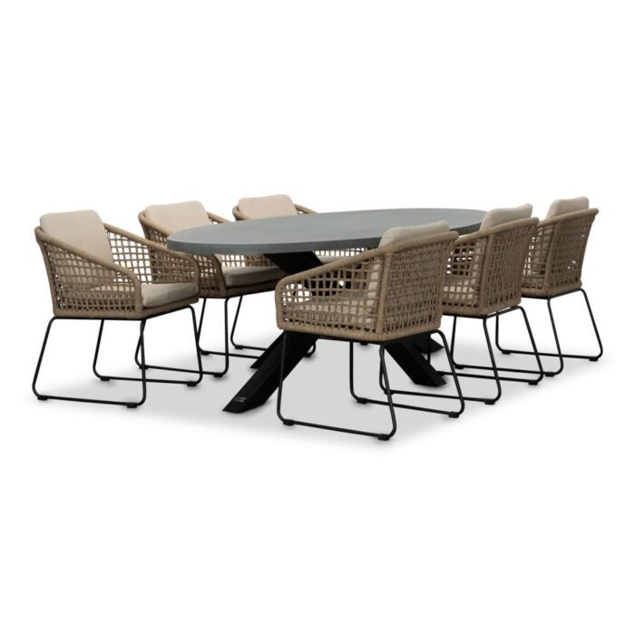 BUITEN living Stockholm/Tulum Sahara Dust dining tuinset | 6 personen | betonlook + touw | 240cm ovaal – Zand