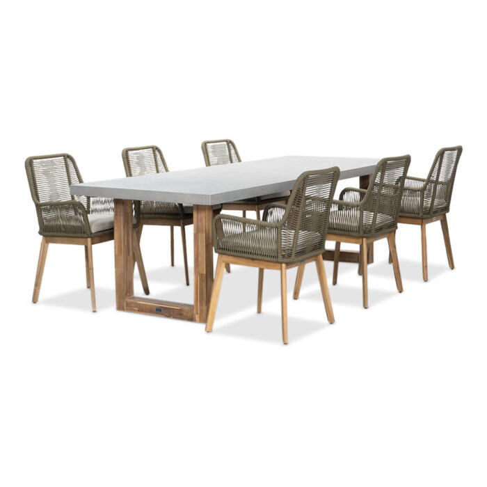 BUITEN living Lausanne/Padua olijfgroen dining tuinset | 6 personen | betonlook + touw | 250 cm – Light Teak, Olijfgroen, Betonlook
