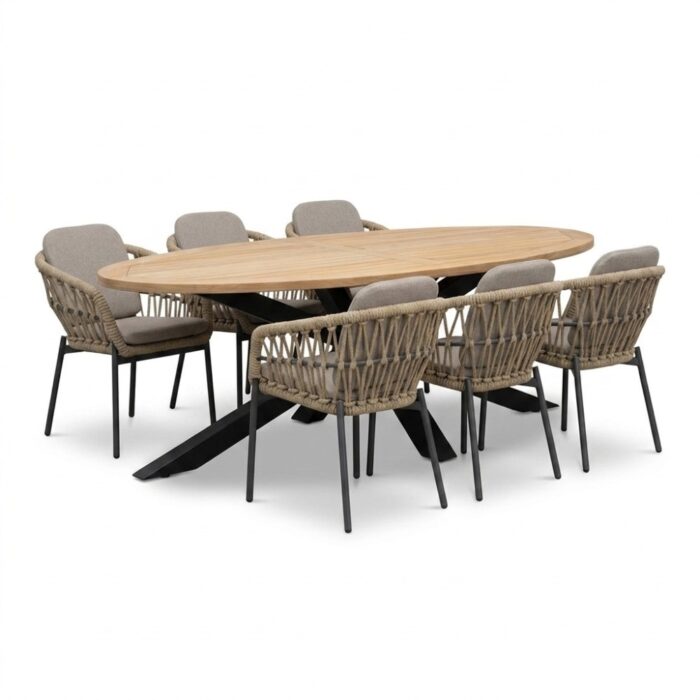 LUX outdoor living Cleve/Femke beige/antraciet dining tuinset | 6 personen | teakhout + touw | 240cm ovaal