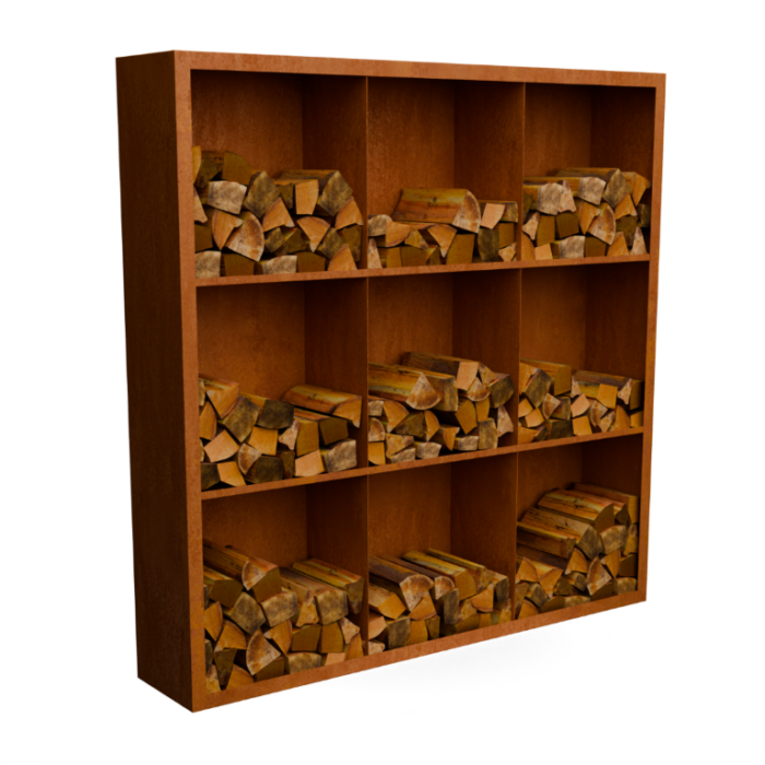 Geroba Egura cortenstaal Houtopslag 9 vakken met achterwand L200 x B38,5 x H200 cm – bruin