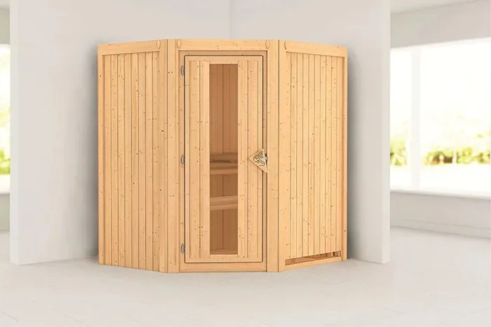 Karibu | Tonja Sauna met Dakkraag | Bronzeglas Deur | Kachel 3,6 kW Externe Bediening