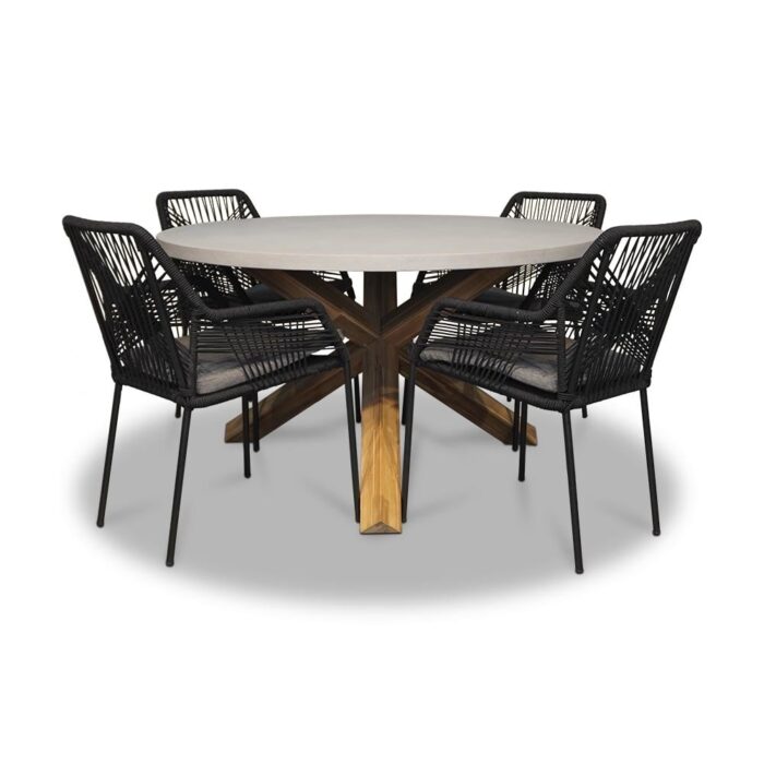 BUITEN living Nancy/Seville zwart dining tuinset | 4 personen | betonlook + touw | 135cm rond – Betonlook, Zwart
