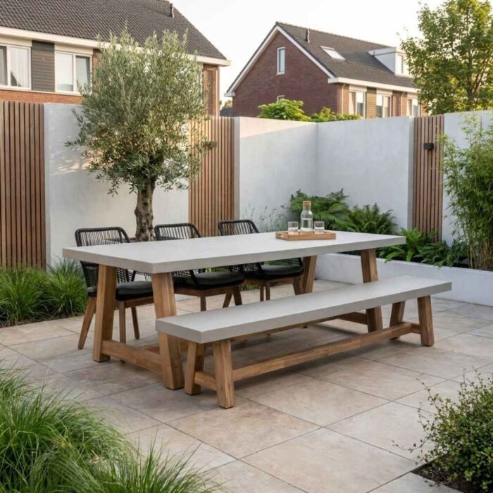 BUITEN living Veltis/Seville zwart hout stoel-bank dining tuinset | 6 personen | betonlook + touw | 250cm – Betonlook, Zwart