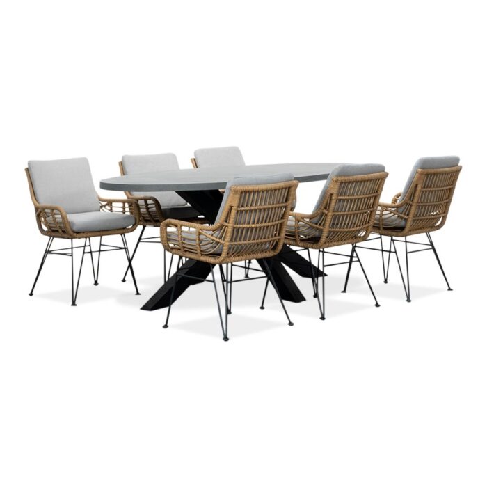 BUITEN living Stockholm/Carlos taupe dining tuinset | 6 personen | betonlook + wicker | 200cm ovaal – Zwart