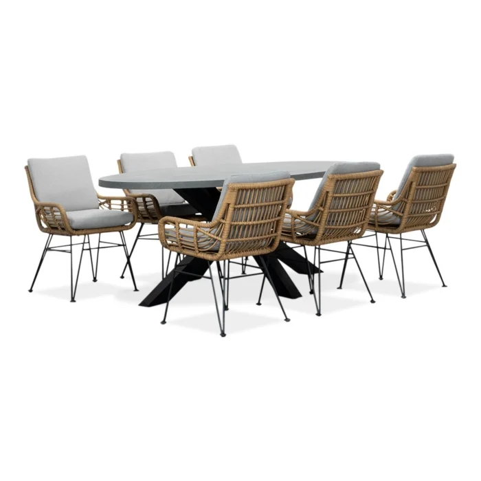 BUITEN living Stockholm/Carlos taupe dining tuinset | 6 personen | betonlook + wicker | 200cm ovaal - Zwart