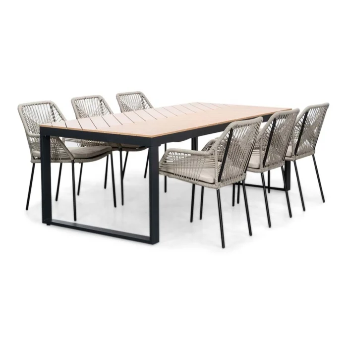LUX outdoor living Kampa Natural/Seville zand dining tuinset | 6 personen | polywood + touw | 210cm - Taupe - Naturel - Bruin