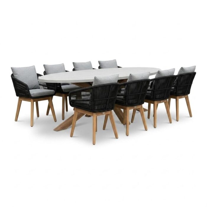 BUITEN living Livorno/Bella zwart dining tuinset | 8 personen | polystone + touw | 280cm