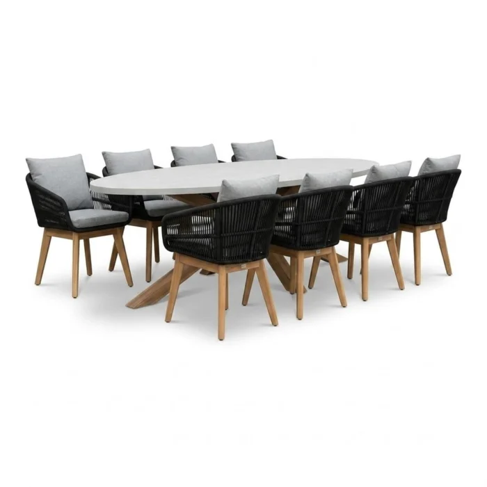 BUITEN living Livorno/Bella zwart dining tuinset | 8 personen | polystone + touw | 280cm