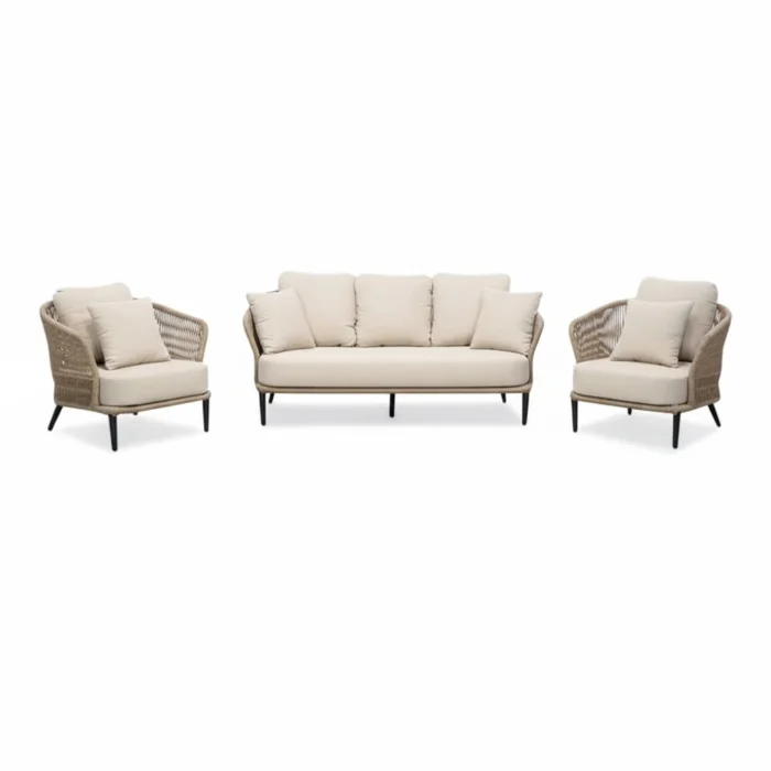 BUITEN living Palermo stoel-bank loungeset 5 personen | aluminium + touw | Sahara Dust | 3-delig - Taupe - Naturel - Bruin
