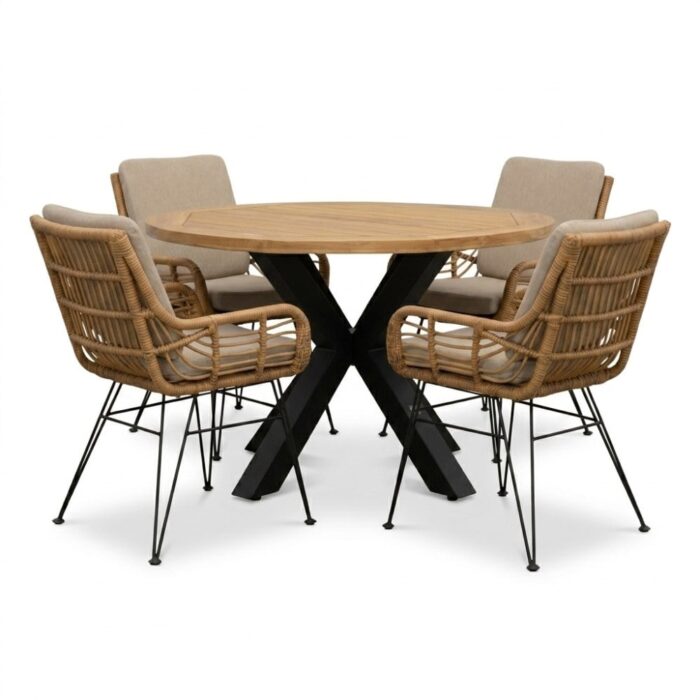 LUX outdoor living Cleve antraciet/Carlos taupe dining tuinset | 4 personen | teakhout + wicker | 120cm rond