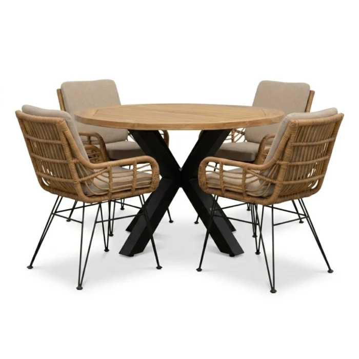 LUX outdoor living Cleve antraciet/Carlos taupe dining tuinset | 4 personen | teakhout + wicker | 120cm rond
