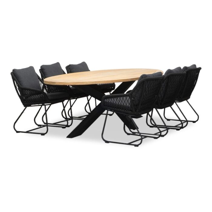 LUX outdoor living Cleve/Portofino zwart dining tuinset | 6 personen | teakhout + touw | 240cm ovaal