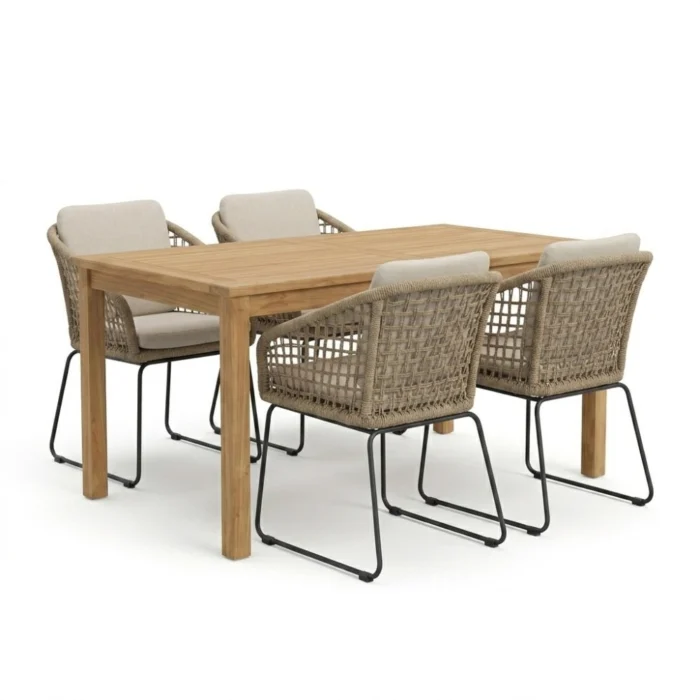 BUITEN living Singapore/Tulum Sahara Dust dining tuinset | 4 personen | teakhout + touw | 150cm - Natural Teak