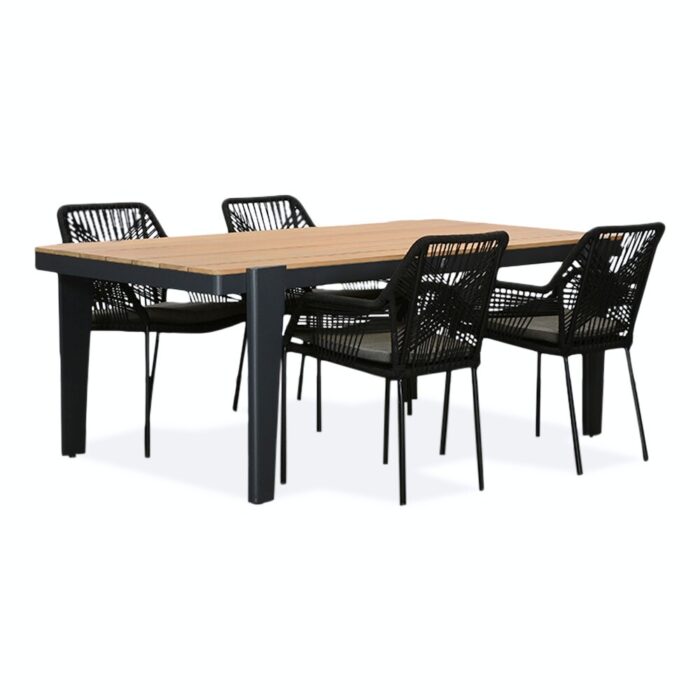 LUX outdoor living Vigo/Seville zwart dining tuinset | 4 personen | teakhout + touw | 200cm – Grijs