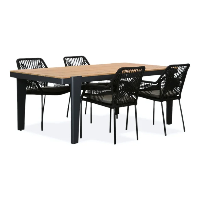 LUX outdoor living Vigo/Seville zwart dining tuinset | 4 personen | teakhout + touw | 200cm - Grijs